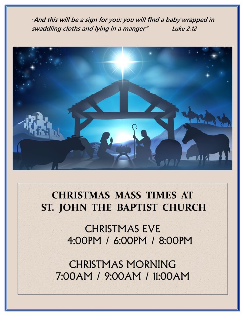 Christmas Eve, 4pm, 6pm, 8pm
Christmas Morning 7am, 9am, 11am