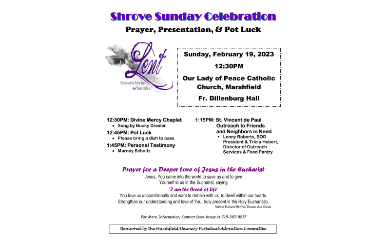 Shrove Sunday Celebration Sunday Feb. 19, 2023, 12:30pm at OLP Marshfield